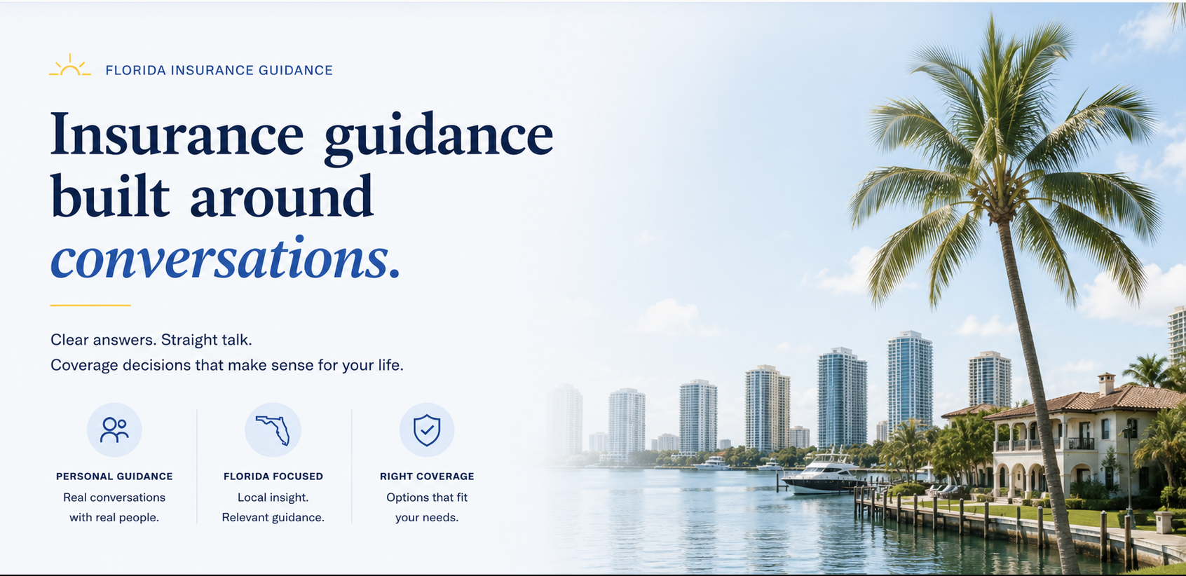 Florida State Insurance Group — insurance guidance built around conversations, with a Fort Lauderdale waterfront skyline.