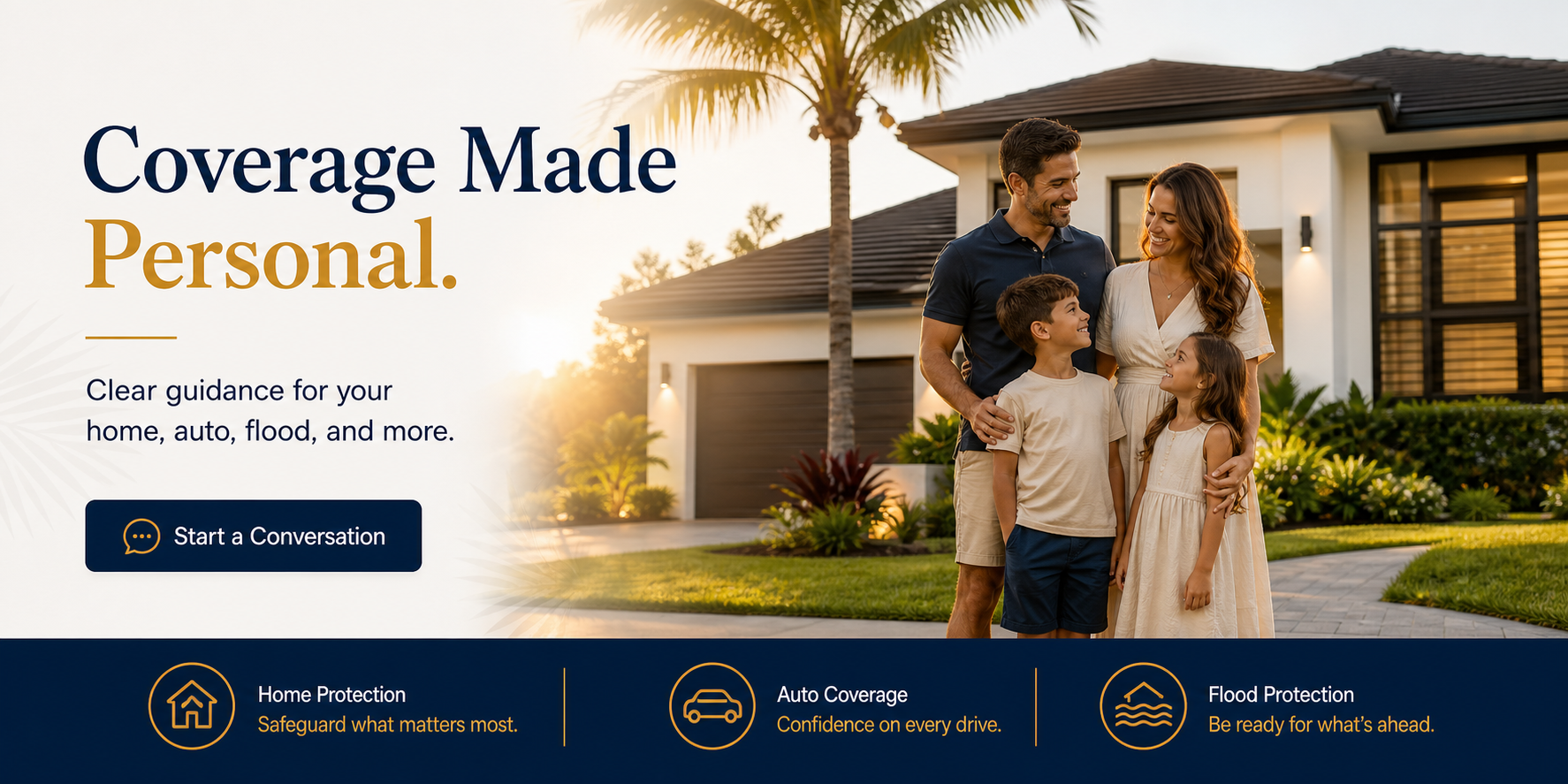 Florida family outside their home with information about personalized home, auto, and flood coverage.