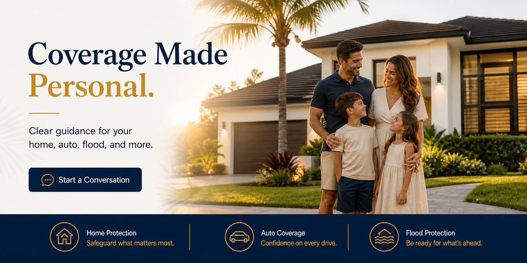 Florida family outside their home with information about personalized home, auto, and flood coverage.