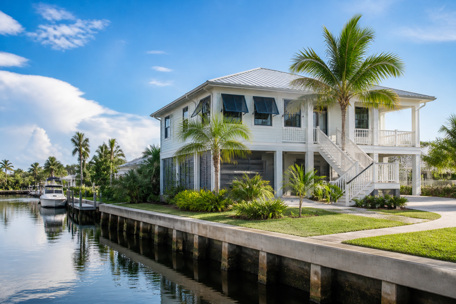 Elevated Florida waterfront home built for flood-prone coastal conditions.