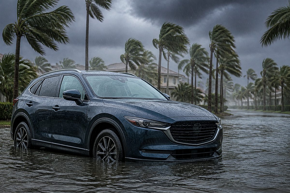 Vehicle in shallow storm water during severe rain in a Florida neighborhood