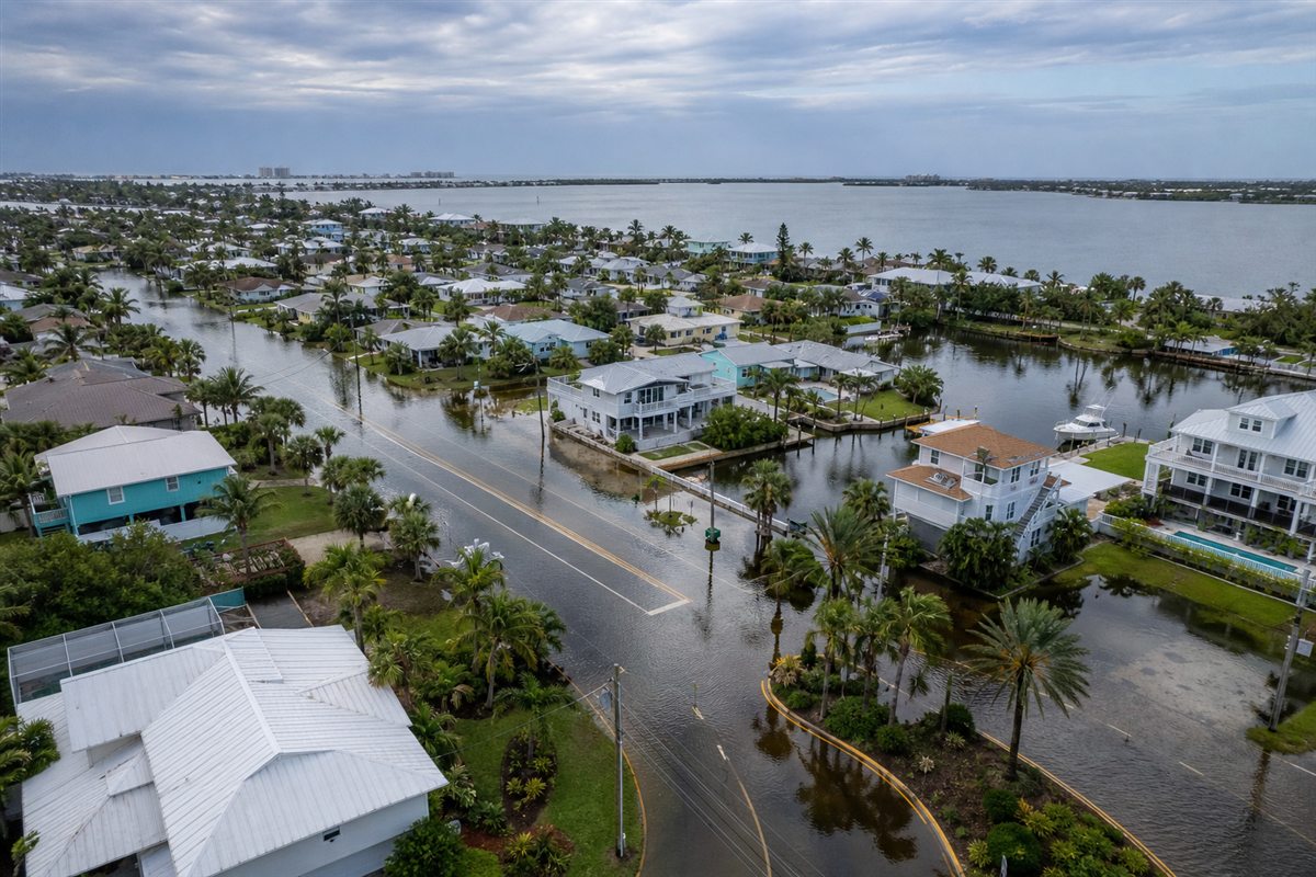 Aerial view of high water affecting streets in a Florida coastal neighborhood
