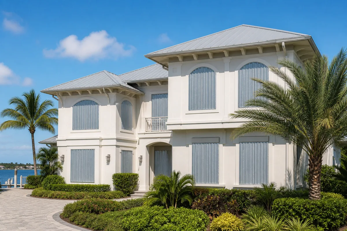 Luxury waterfront Florida home protected by hurricane shutters
