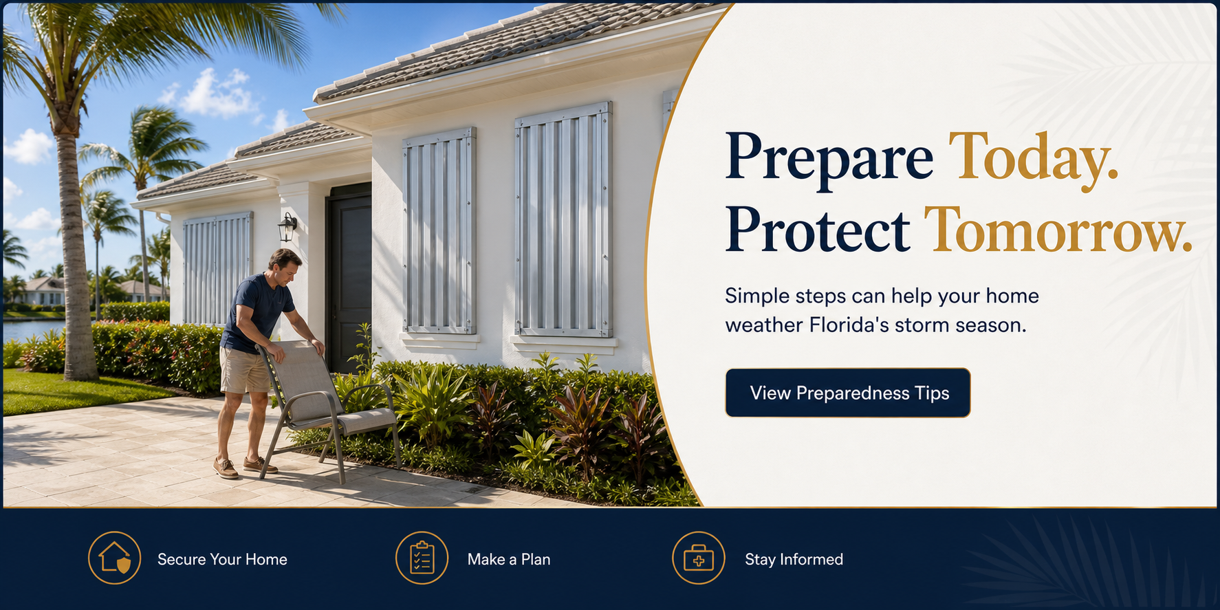 Florida homeowner securing outdoor furniture at a house with storm shutters.