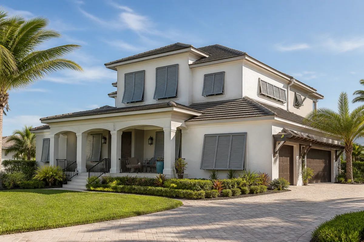 Upscale Florida home with closed storm shutters