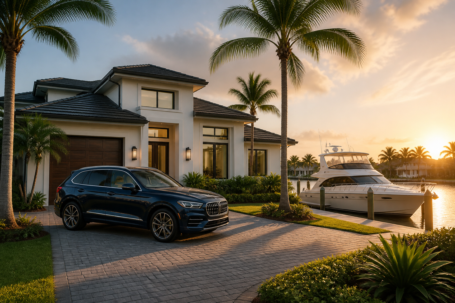 Florida waterfront home with a vehicle and boat representing layered personal protection.